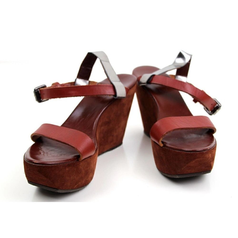 Acne Italy BROWN SUEDE SILVER LEATHER OPEN TOE HIGH HEEL WEDGE SHOES Sz 40 9.5 - Picture 5 of 10